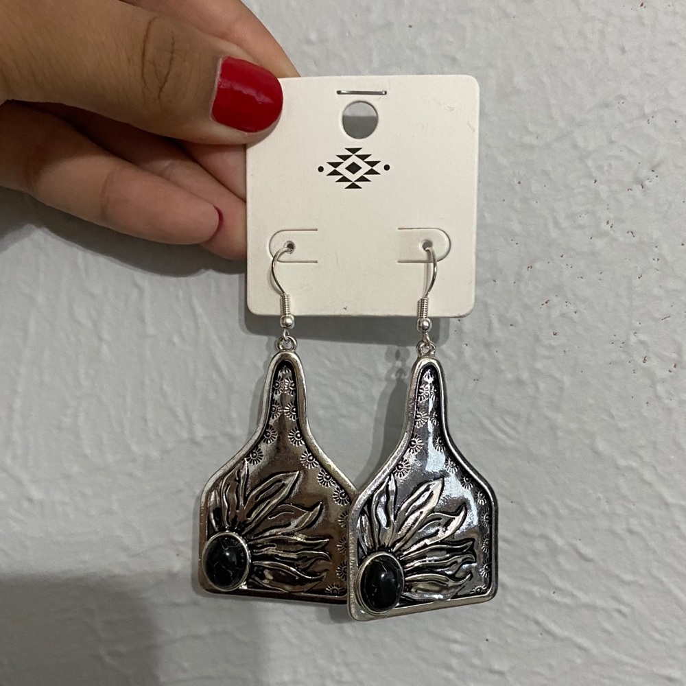 Silver Cowtag with Sunflower Dangle Earrings